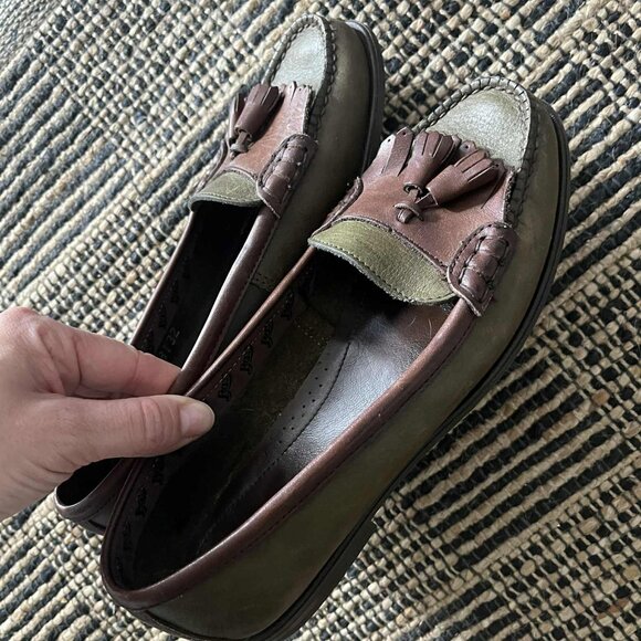 G.H. Bass Brown and Green Leather Tassel Loafers - Picture 1 of 7